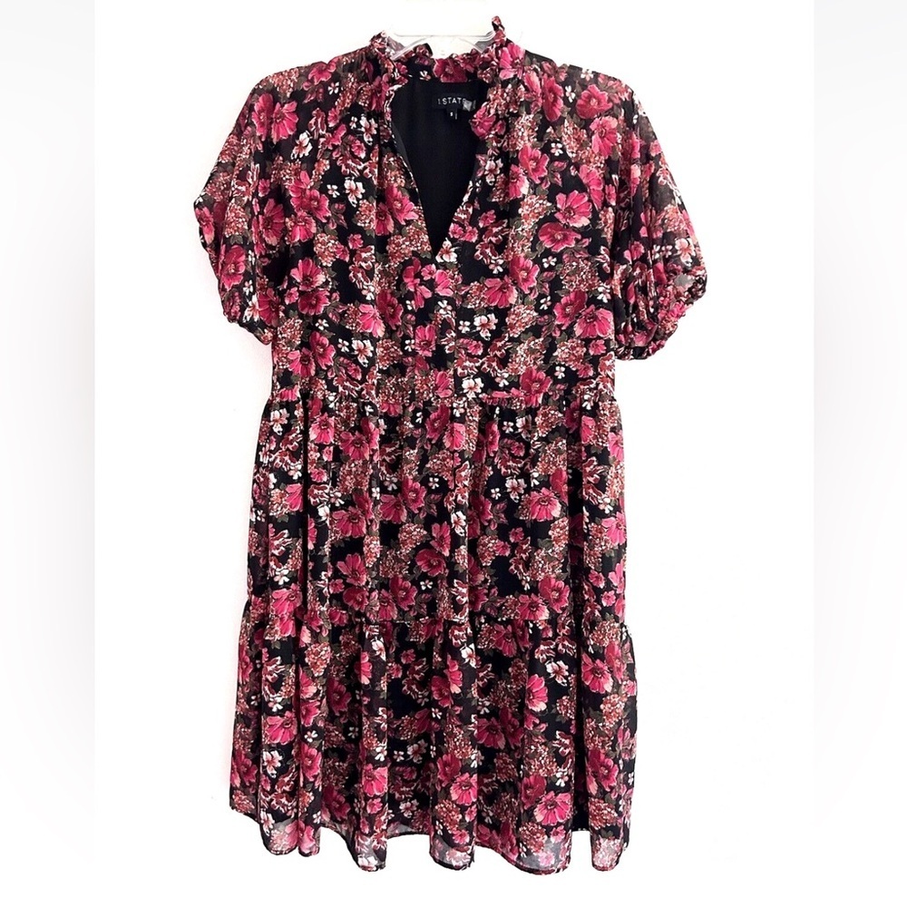 1.STATE | Tapestry Floral Dress Womens Size S Red Mock Neck Short Sleeves